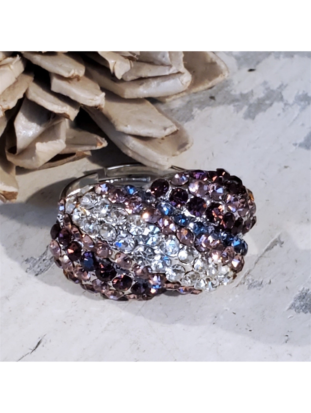 Glam Czech Crystal Cocktail Ring Purple Clear Rhinestones Silver Rhodium Plated